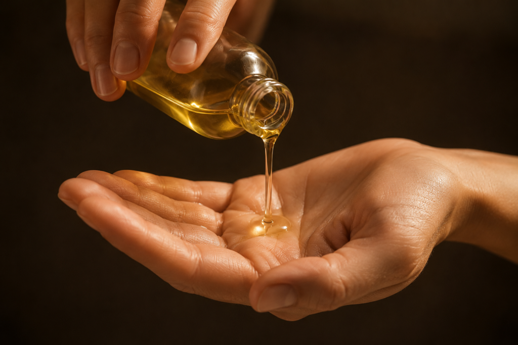 Aceite dorado para masaje relajante en la palma de la mano