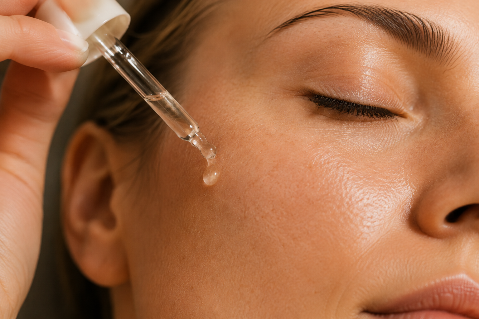 Aplicación de sérum facial con pipeta