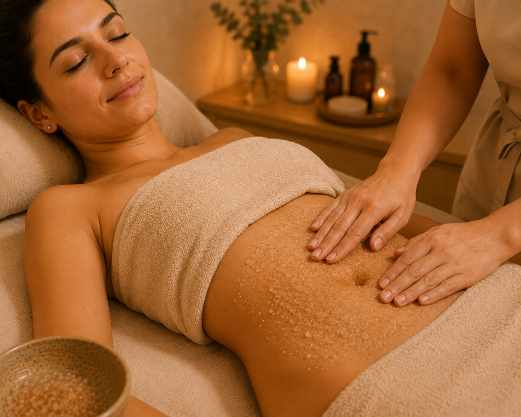 Exfoliación de barriga con velas masajista y luz cálida