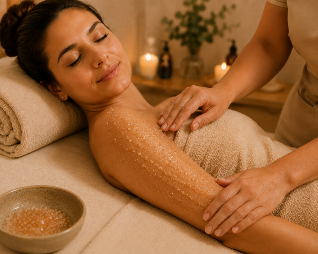 Exfoliación de brazo con luz cálida y velas