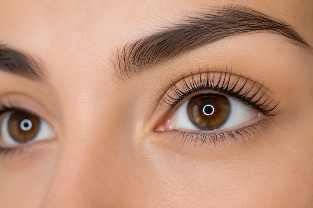 Lifting de pestañas en ojos marrones, resultado curvado y natural