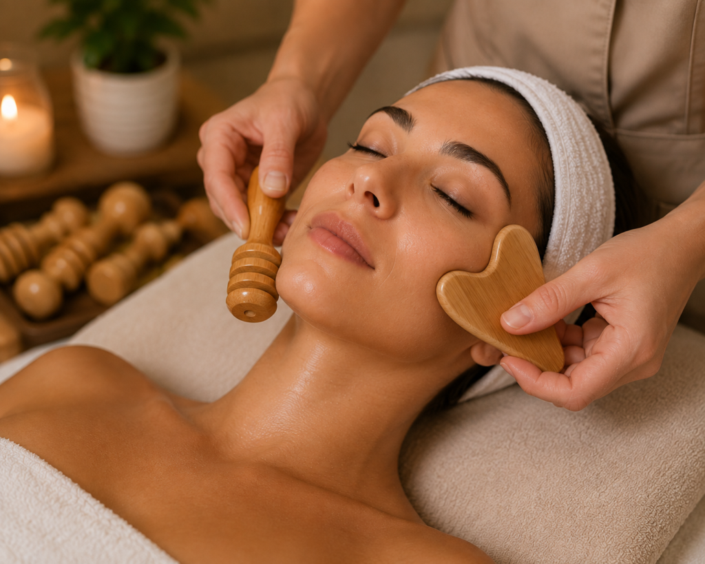 Maderoterapia facial con pala y rodillo de madera en la mejilla