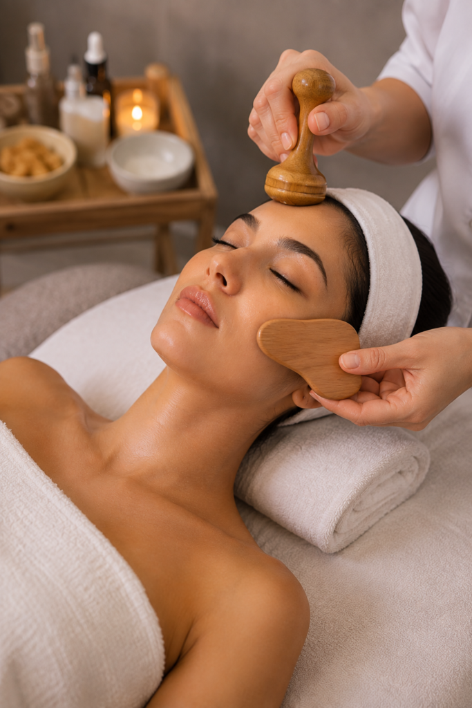 Maderoterapia facial con gua sha y rodillo de madera en la frente