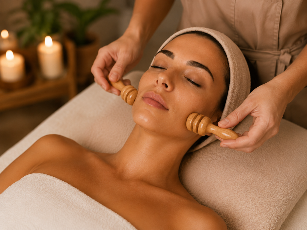 Maderoterapia facial con rodillo de madera en el rostro