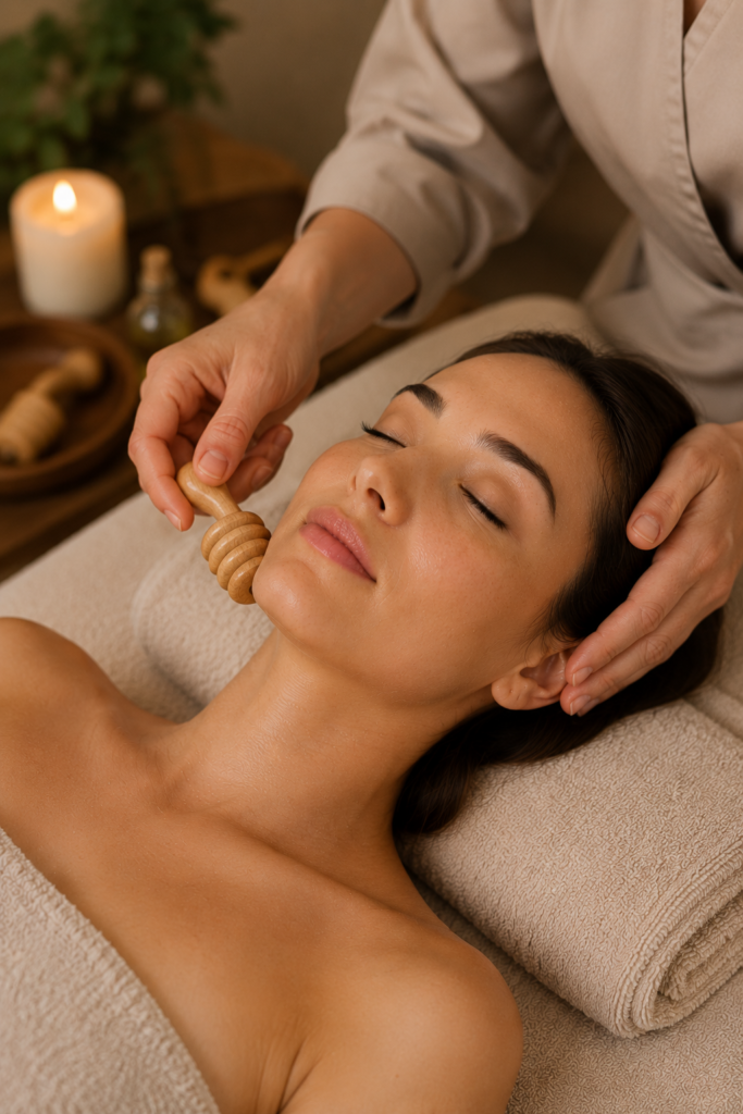 Maderoterapia facial con dos rodillos de madera en la mandíbula