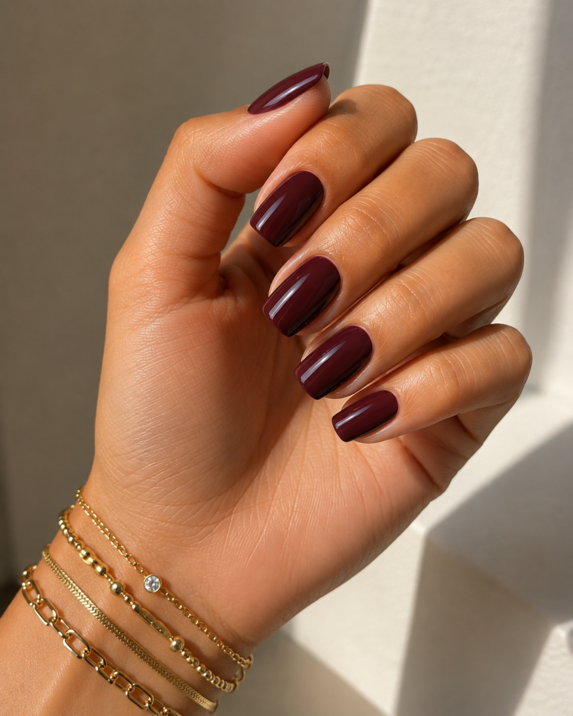 Manicura en Palafrugell con esmalte rojo oscuro