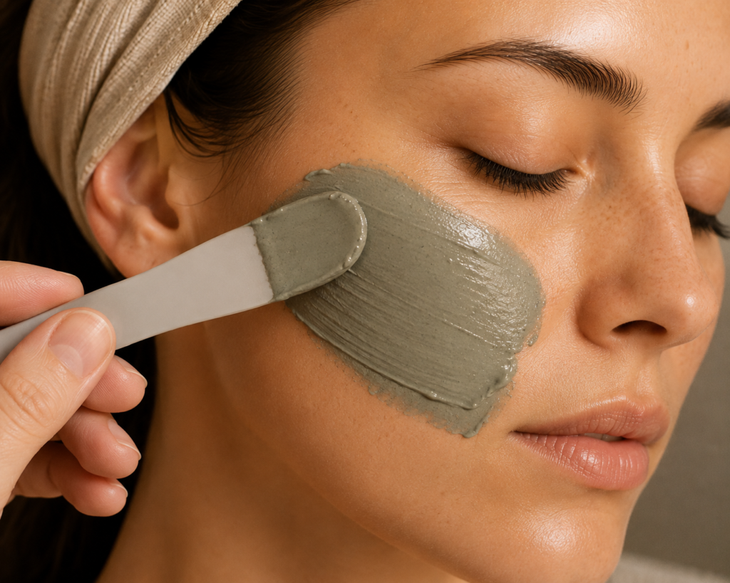 Aplicación de mascarilla de arcilla en tratamiento facial