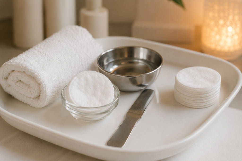 Bandeja con utensilios preparados para la higiene facial