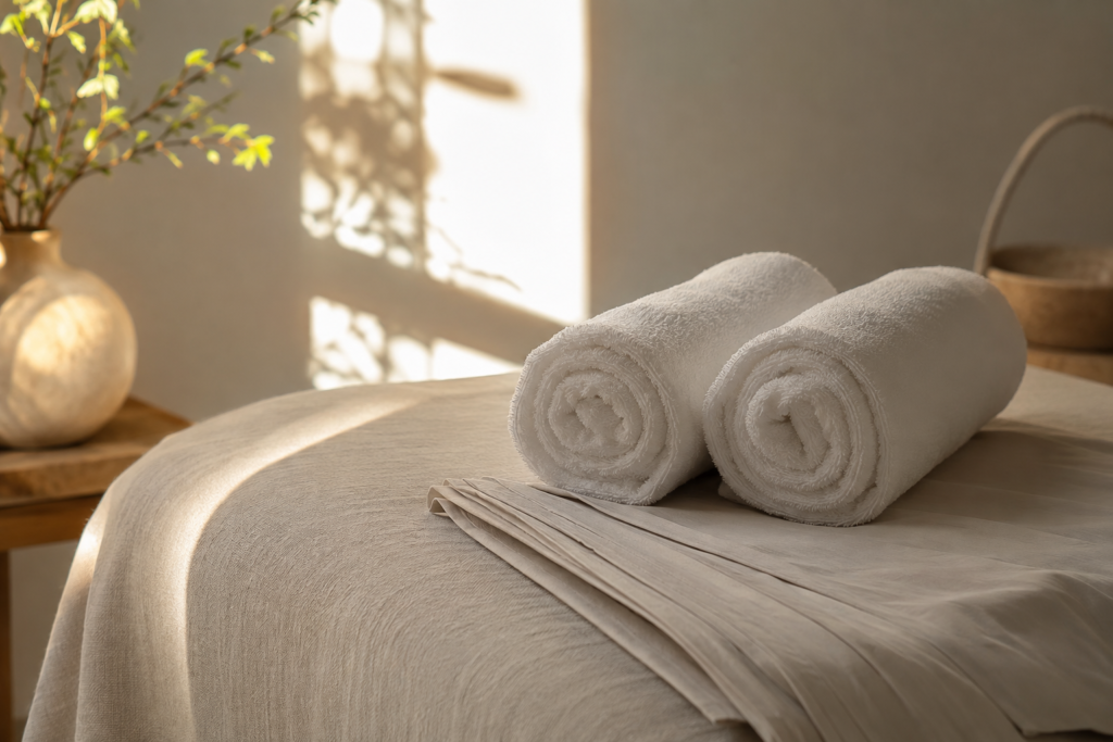 Toallas enrolladas en ambiente relajado de spa